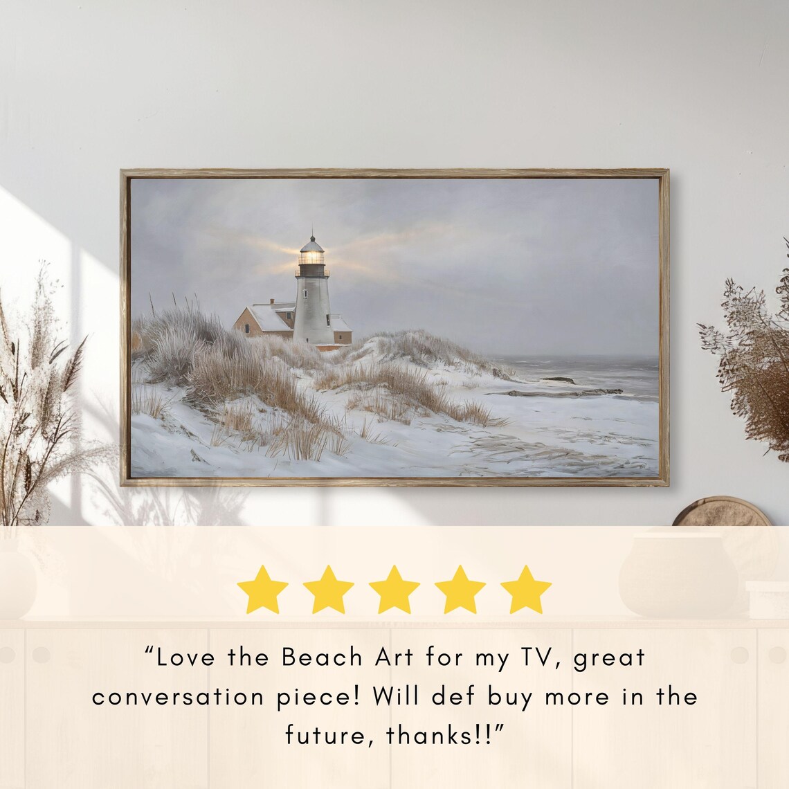 Snowy Lighthouse Sand Dunes Winter Peaceful Coastal Painting Poster - Image 2