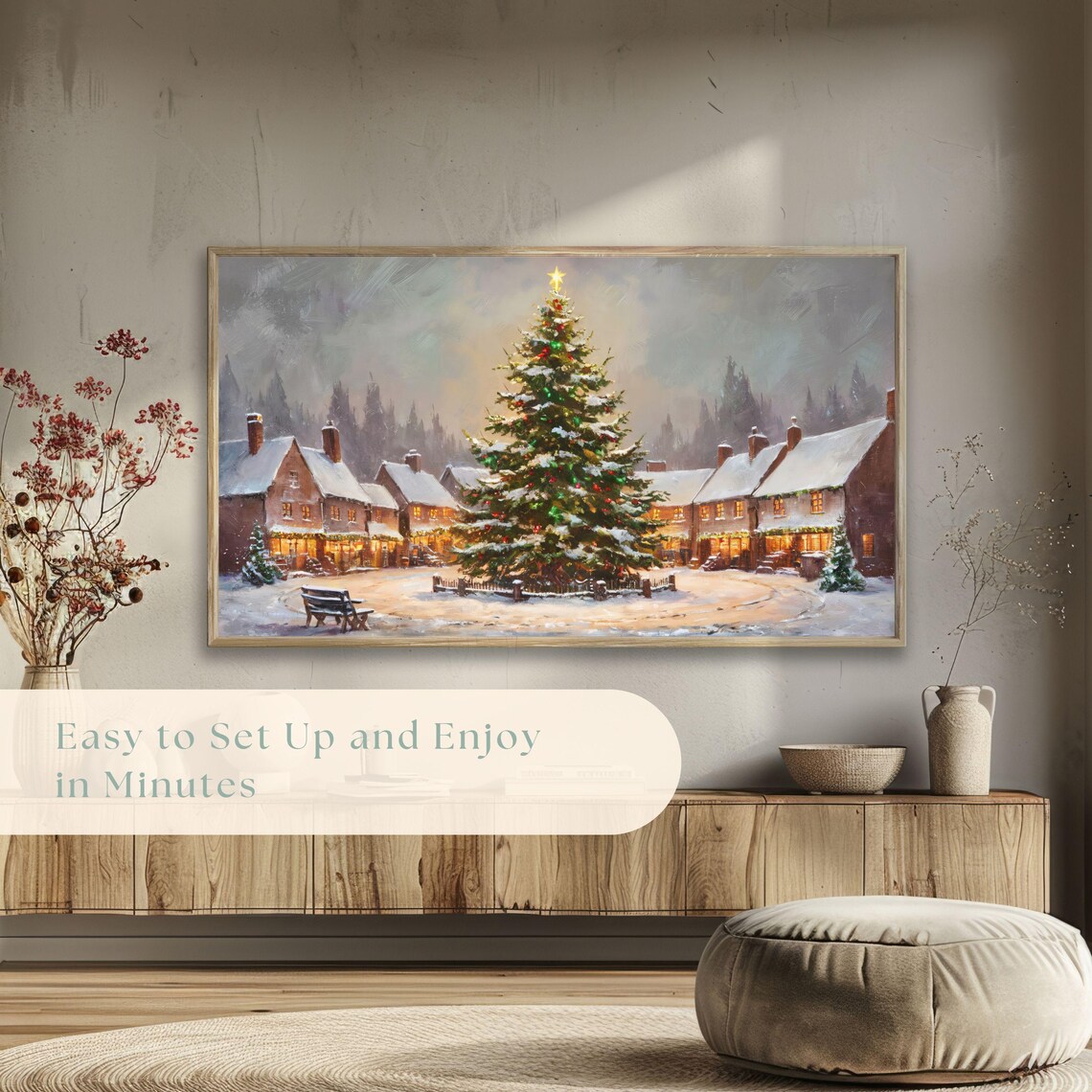 Village Square Christmas Tree Star Topper Snowy Cottages Night Poster - Image 5