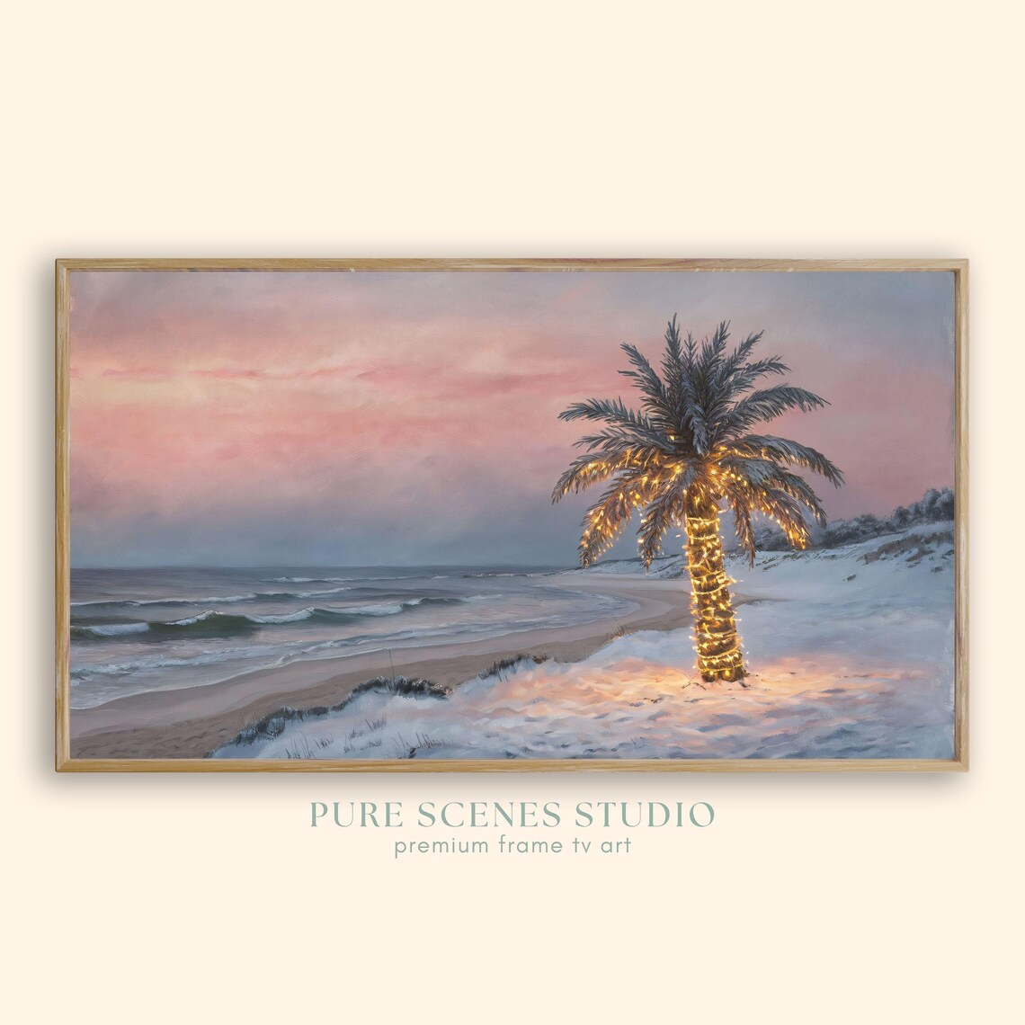 Palm Tree Fairy Lights Snowy Beach Christmas Sunset Holiday Poster