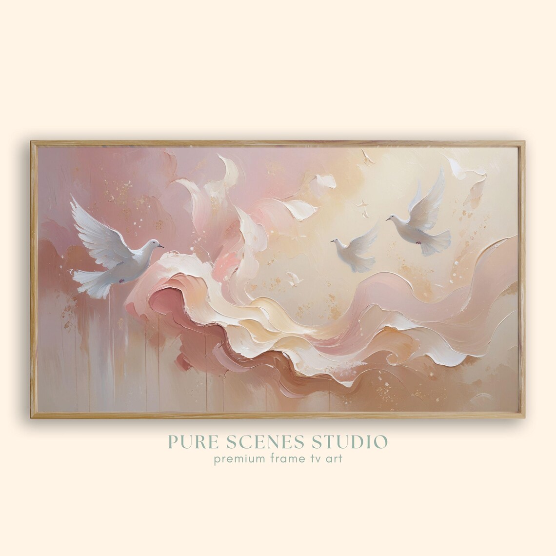 White Doves Pastel Abstract Waves Romantic Wedding Painting Poster