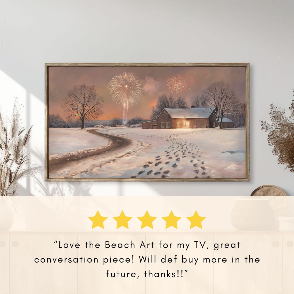 Snowy Farmhouse Fireworks Winter Celebration Painting Poster - Image 2