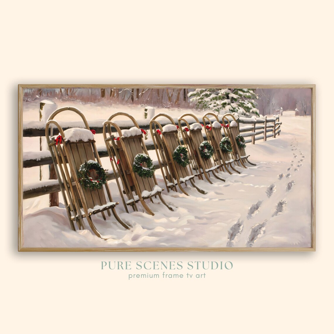 Vintage Wooden Sleds With Christmas Wreaths Snowy Country Field Poster