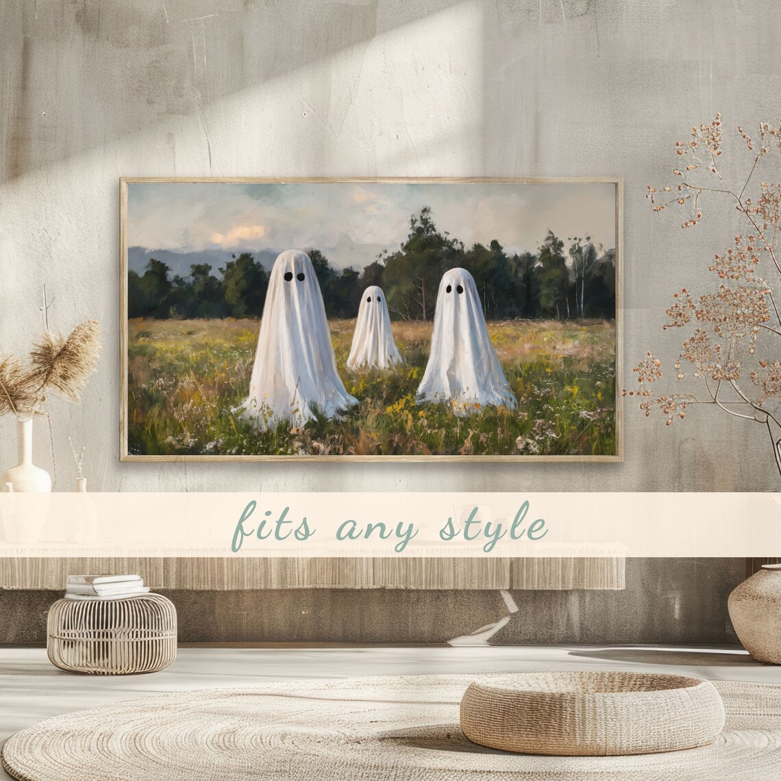 Three Friendly Sheet Ghosts Standing In Sunny Meadow Vintage Painting Poster - Image 3