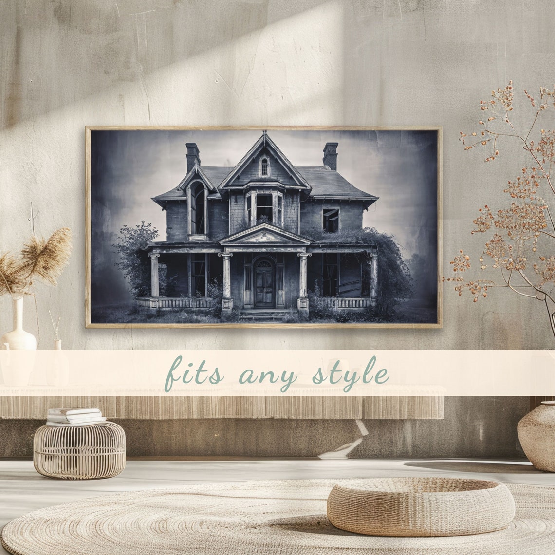 Abandoned Victorian House Spooky Grayscale Haunted Night Poster - Image 3