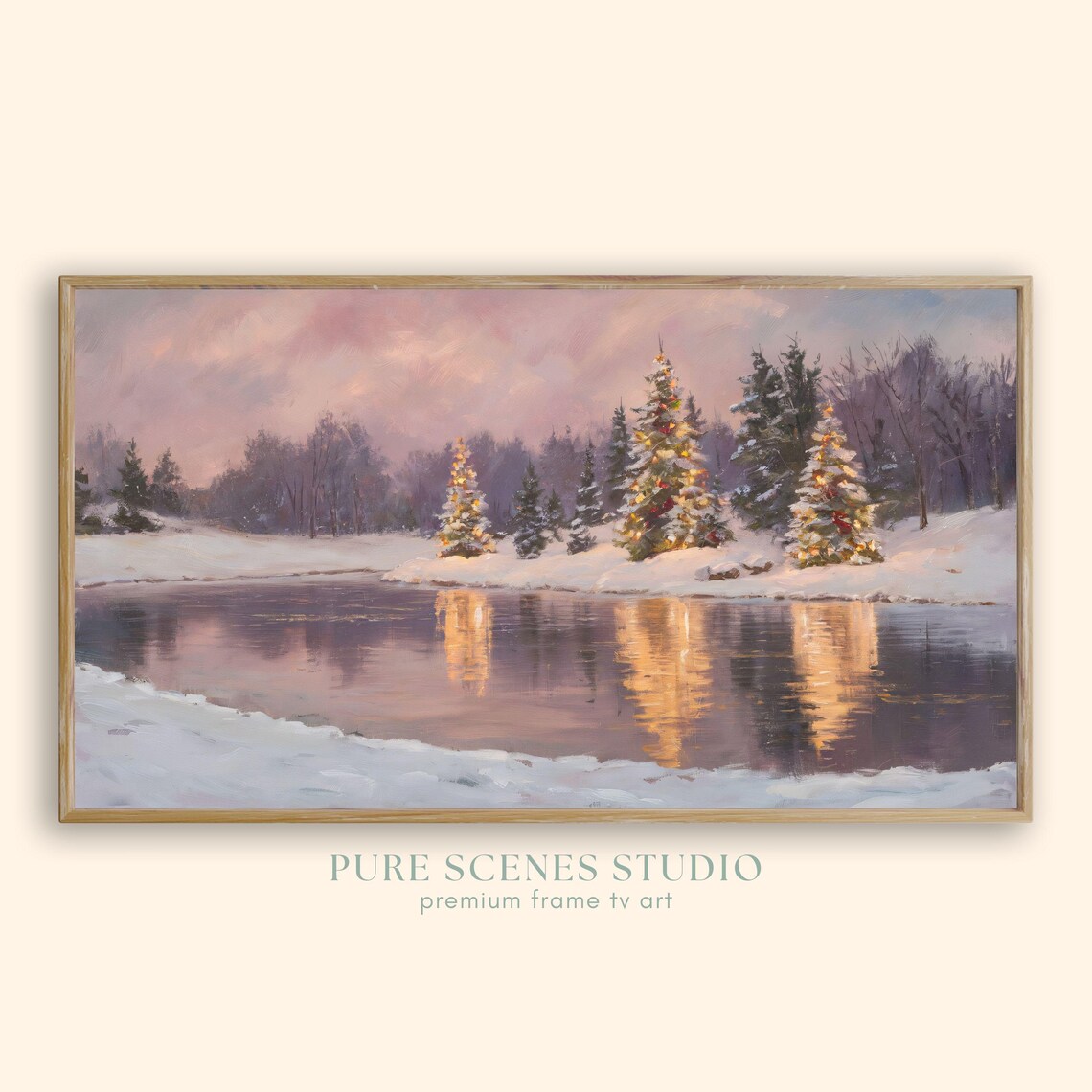 Lit Christmas Trees Reflected In Frozen Lake Pink Dusk Holiday Poster