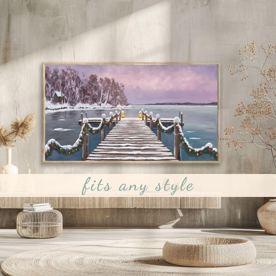 Snowy Lake Pier Christmas Garlands Lanterns Winter Painting Poster - Image 3