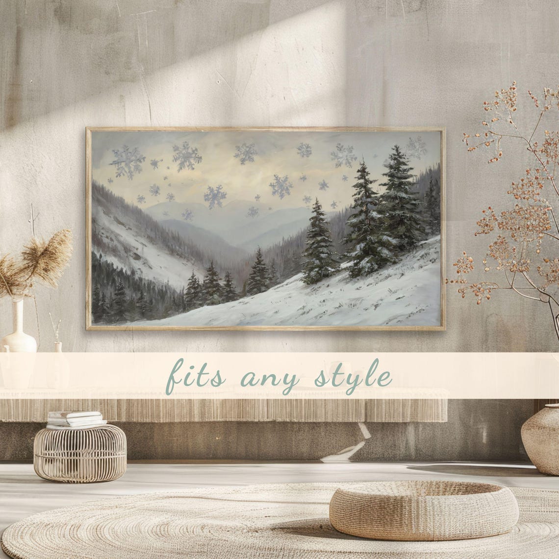 Snowy Mountain Valley Evergreens Giant Snowflakes Whimsical Sky Poster - Image 3