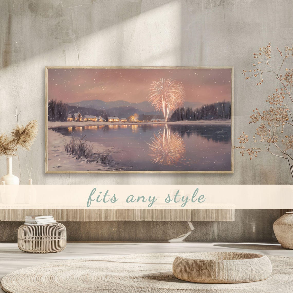 Snowy Lake Fireworks Reflection Village Winter Painting Poster - Image 3