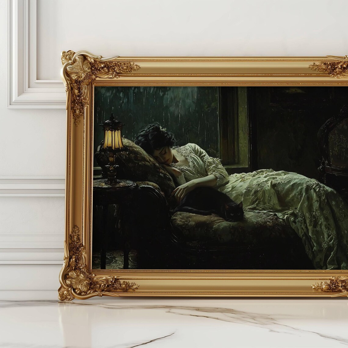 Victorian Woman Sleeping Beside a Black Cat in a Rainy Night Poster - Image 7