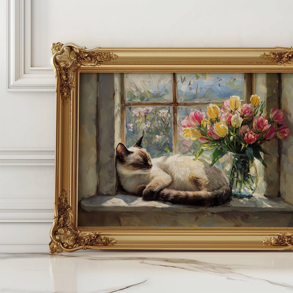 Sleeping Siamese Cat on a Windowsill Beside Tulips Spring Poster - Image 6