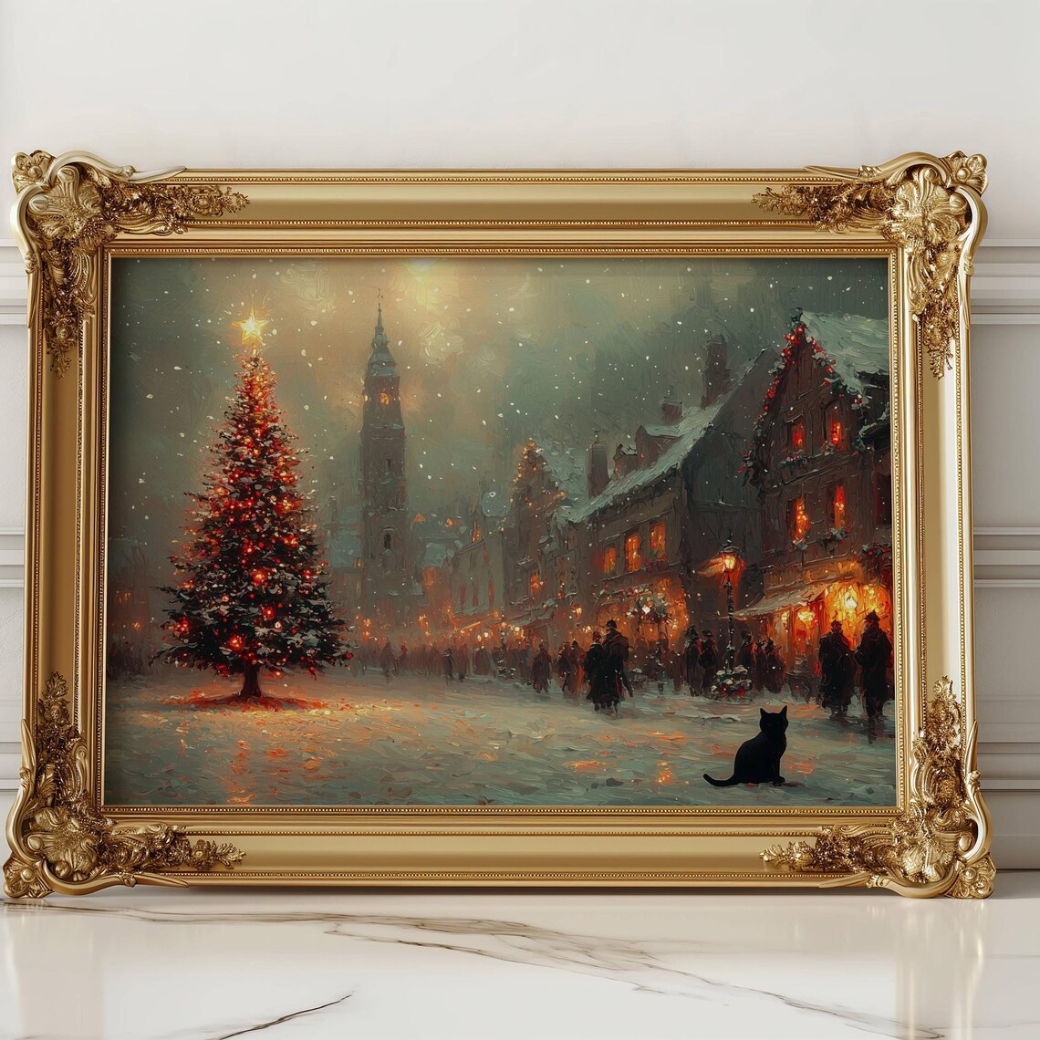 Christmas City Scene With Black Cat, Impressionist Art Print - Image 6