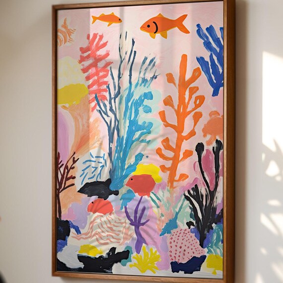 Underwater Ocean Poster Colorful Coral Reef Scene With Fish Art Print Illustration For Kids Room Whimsical Drawing