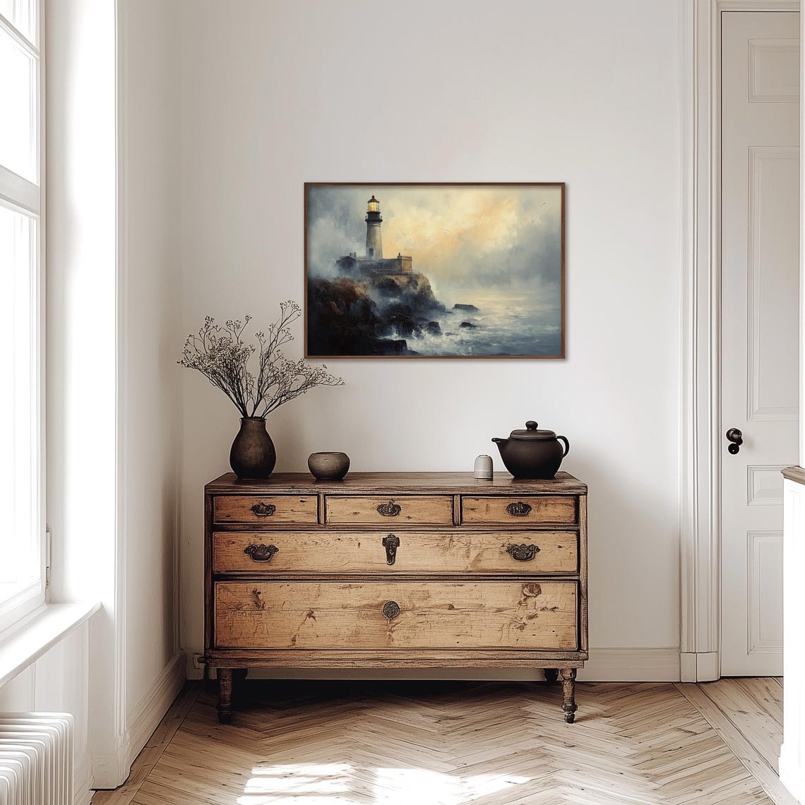 Lighthouse on a Rocky Cliff with Glowing Light Misty Seascape Poster - Image 3