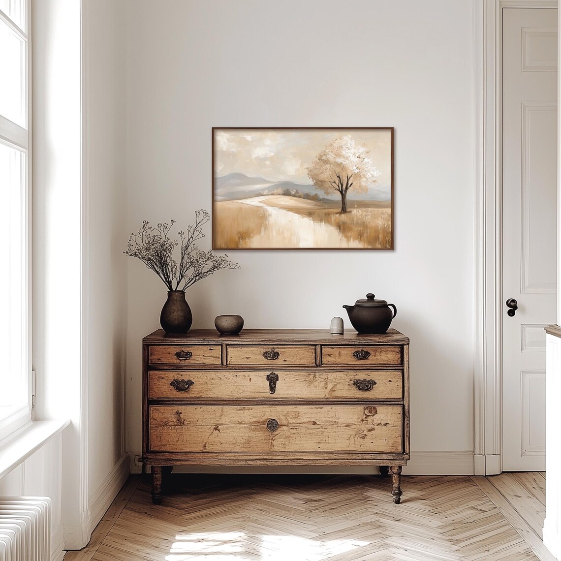 White Blossom Tree in Golden Field Soft Country Landscape Poster - Image 4