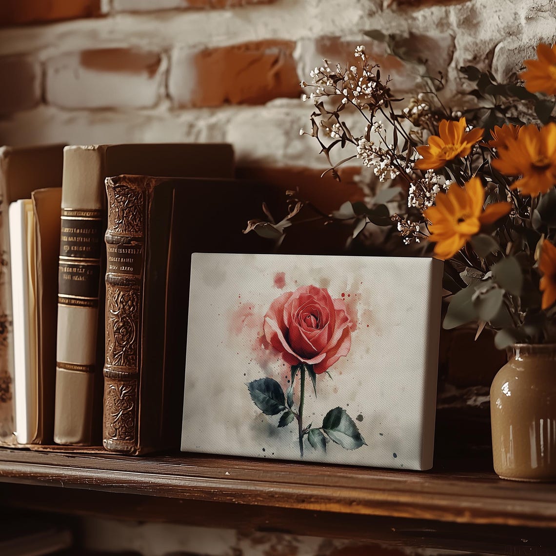 Single Coral Red Rose Bloom With Watercolor Splash Art Poster - Image 3