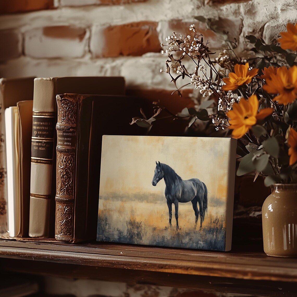 Black Horse Standing In Golden Misty Meadow At Sunrise Poster - Image 4