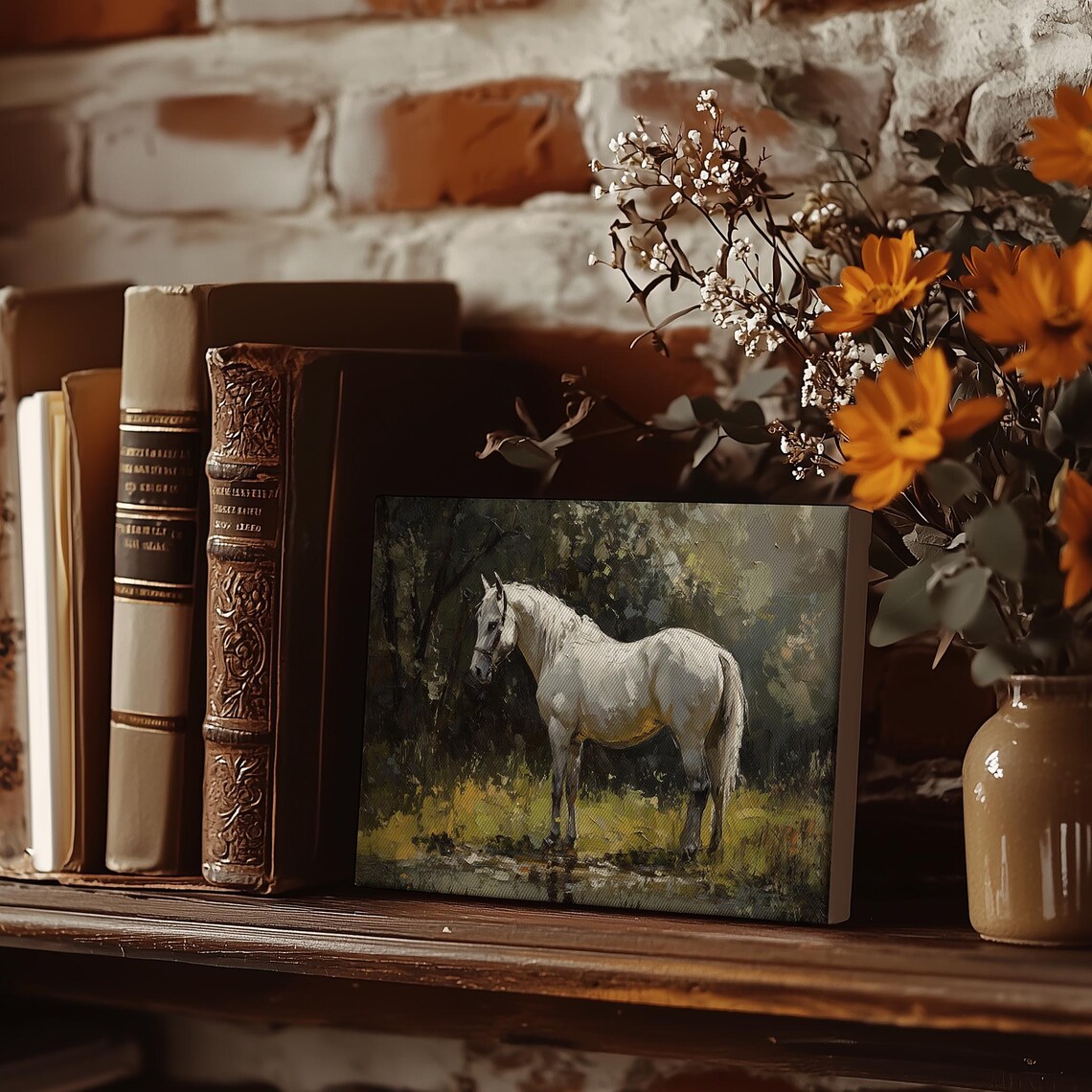 White Horse Standing by Water Moody Equestrian Oil Art Poster - Image 3