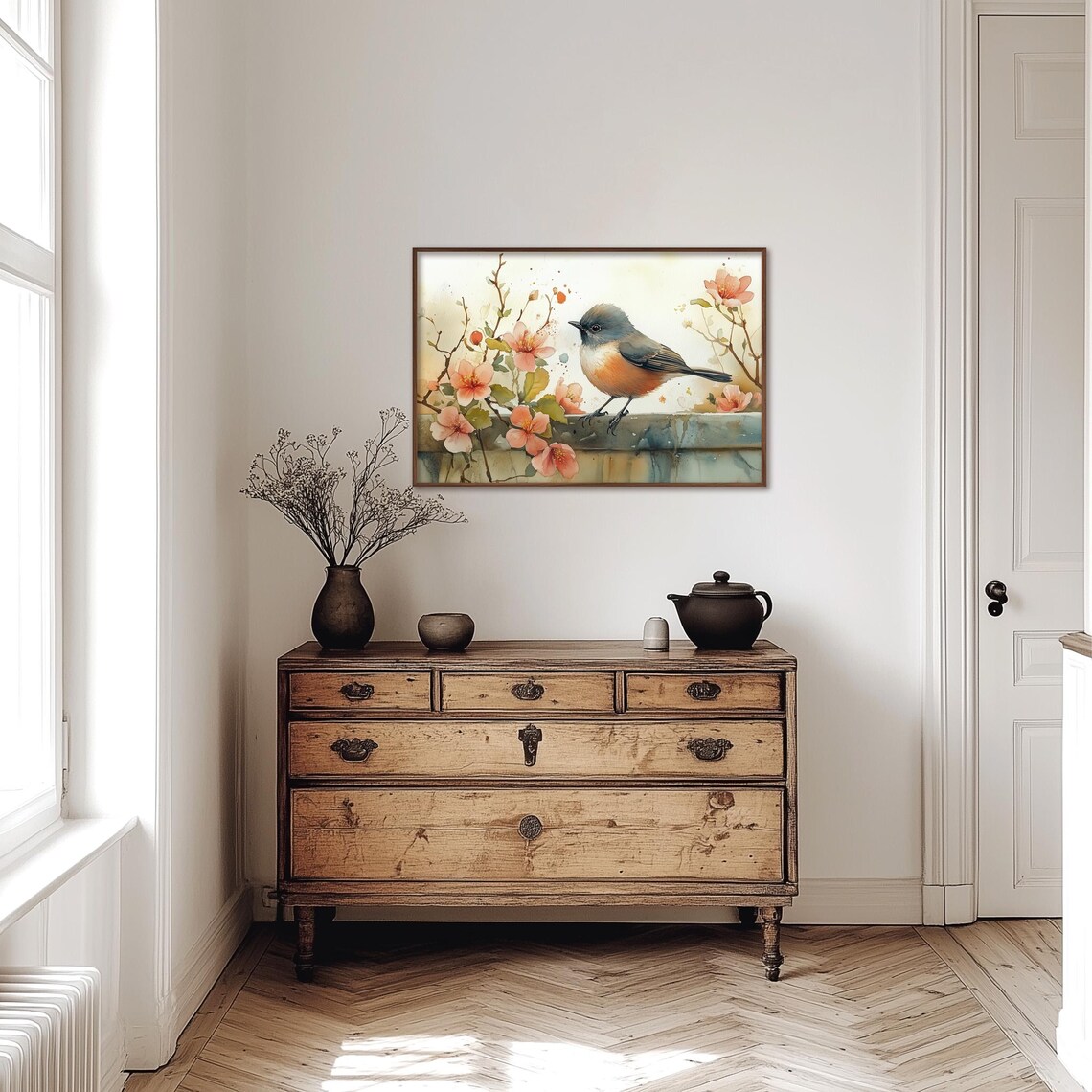 Little Songbird Perched Among Pink Blossoms Watercolor Poster - Image 4