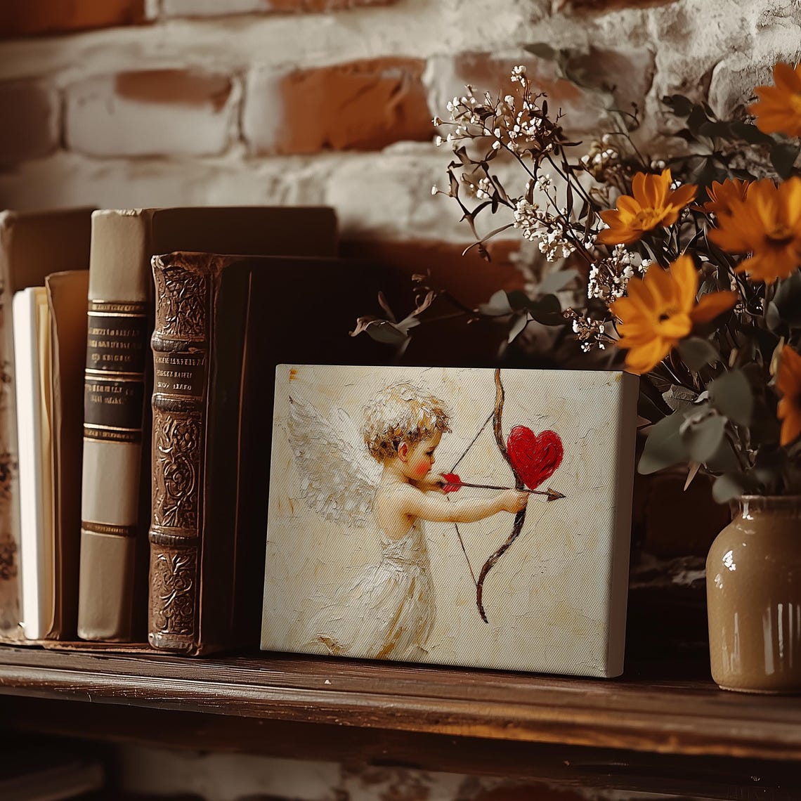 Cupid Aiming Bow at Red Heart Textured Cream Oil Painting Poster - Image 3