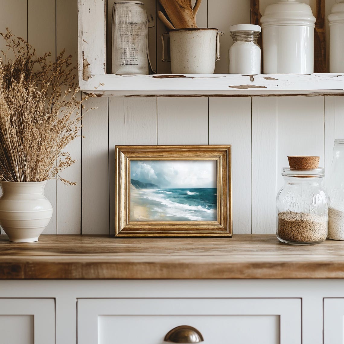 Misty Beach Waves Rolling Toward Rocky Cliffs Coastal Art Poster - Image 5