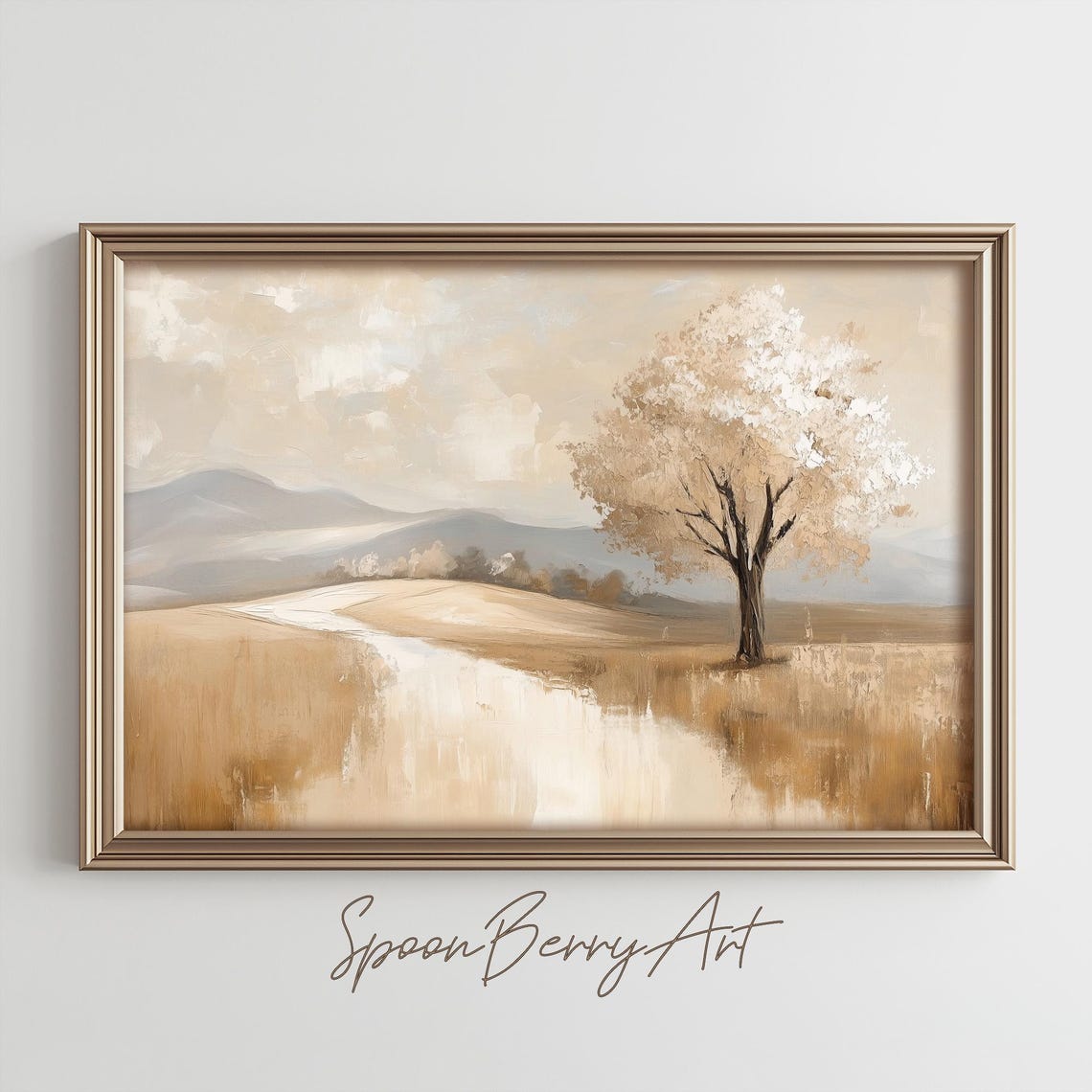 White Blossom Tree in Golden Field Soft Country Landscape Poster