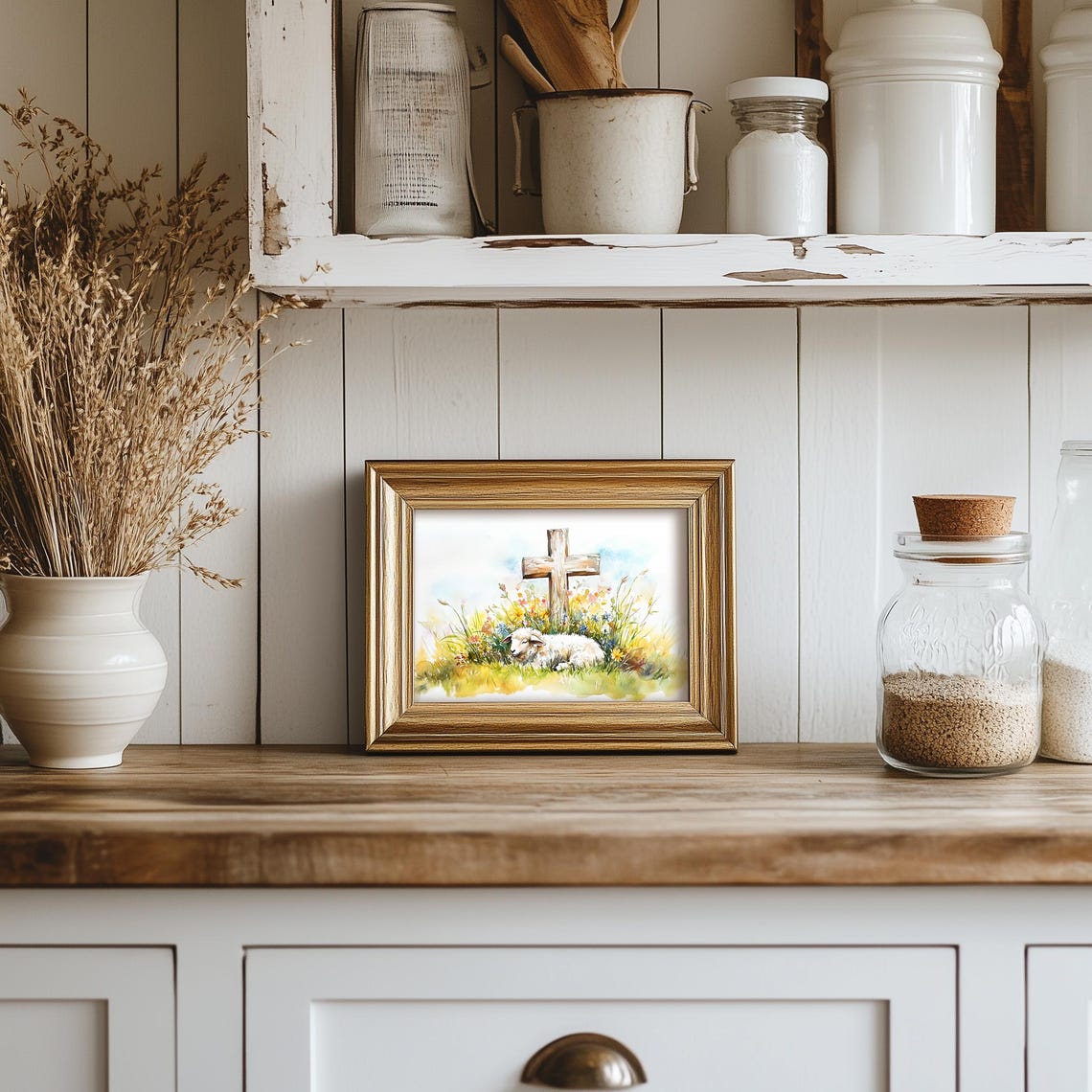 Lamb Resting Before Wooden Cross In Spring Wildflowers Poster - Image 5