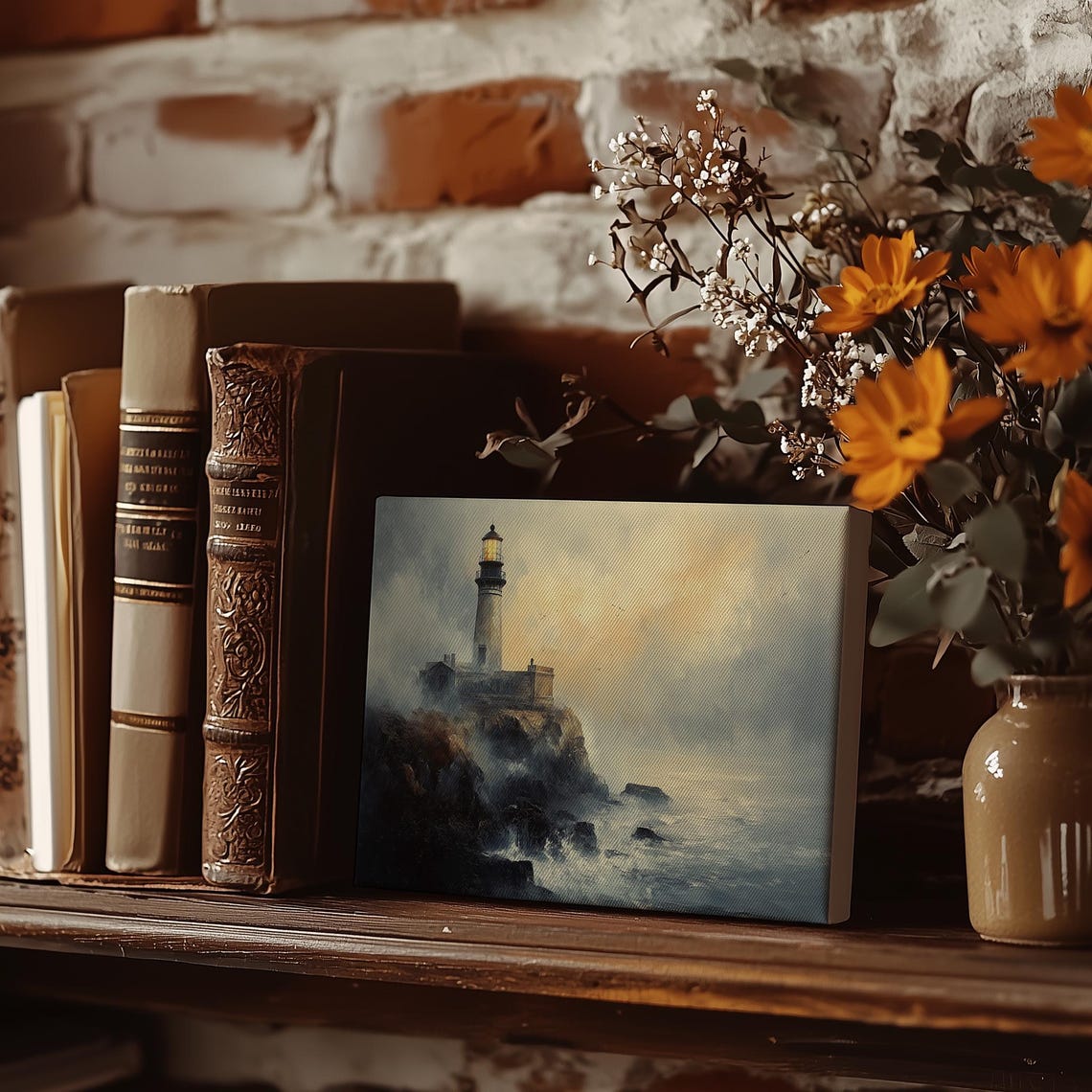 Lighthouse on a Rocky Cliff with Glowing Light Misty Seascape Poster - Image 5