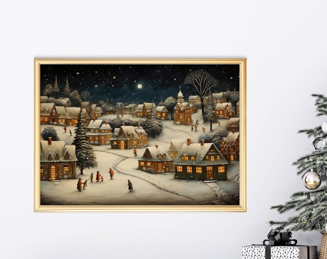 Vintage Christmas Village Wall Art Vintage Christmas Winter Night Wall Art Farmhouse Christmas Decor Snowy Town Painting Xmasv1