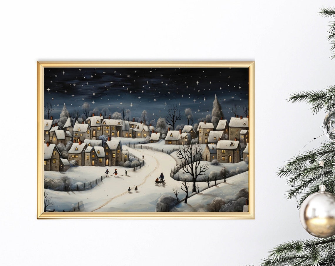Vintage Christmas Village Winter Night Starry Sky Holiday Poster