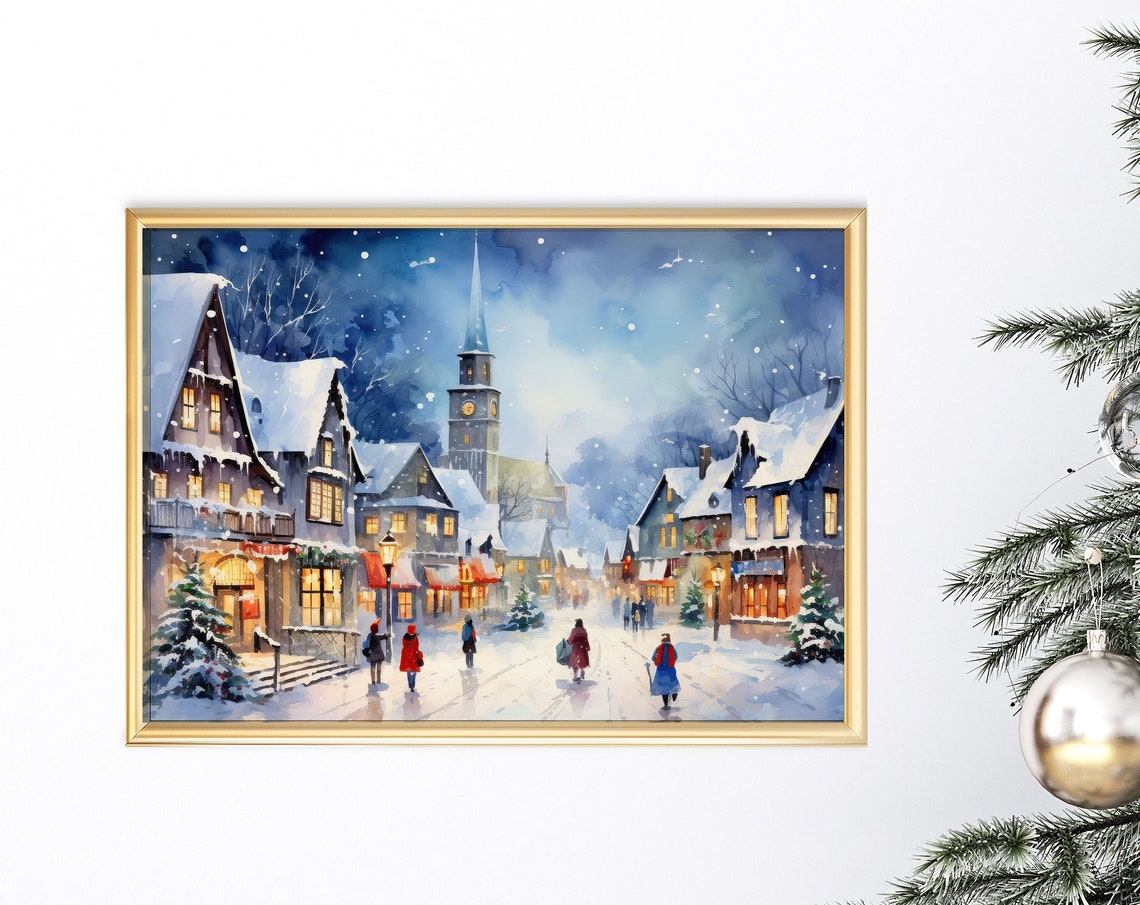Blue Christmas Village Night Watercolor Snowy Town Art Print
