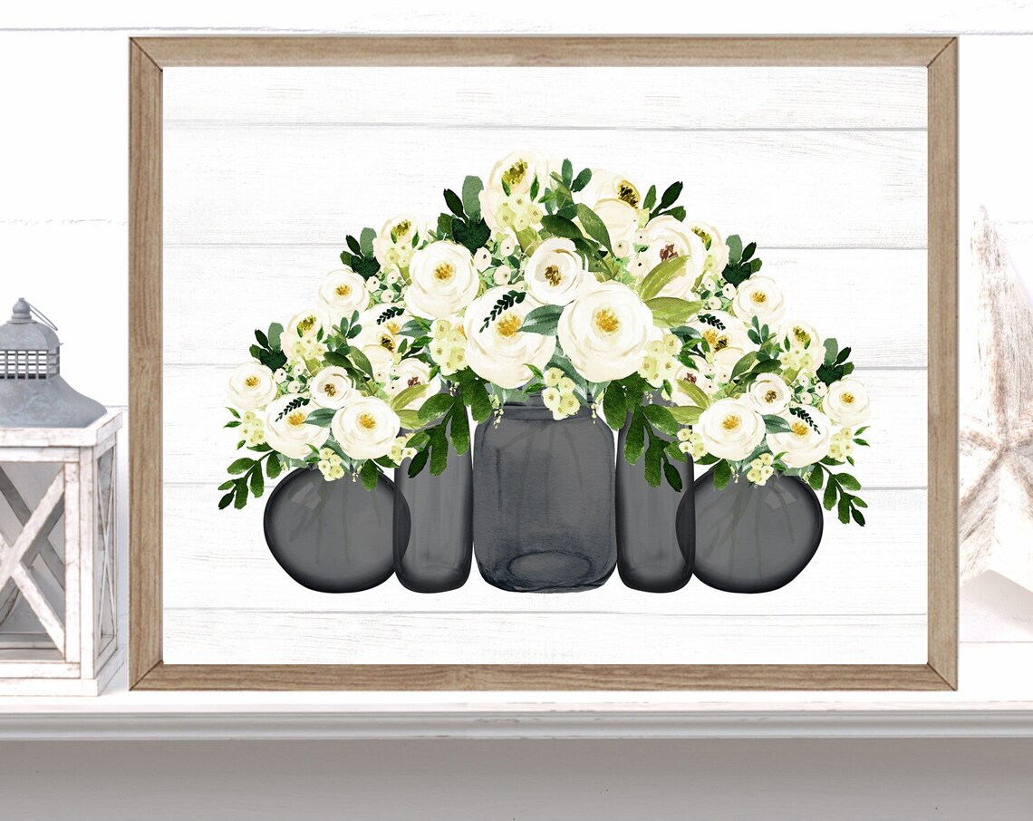 Five Black Vases with White Floral Bouquets Farmhouse Poster