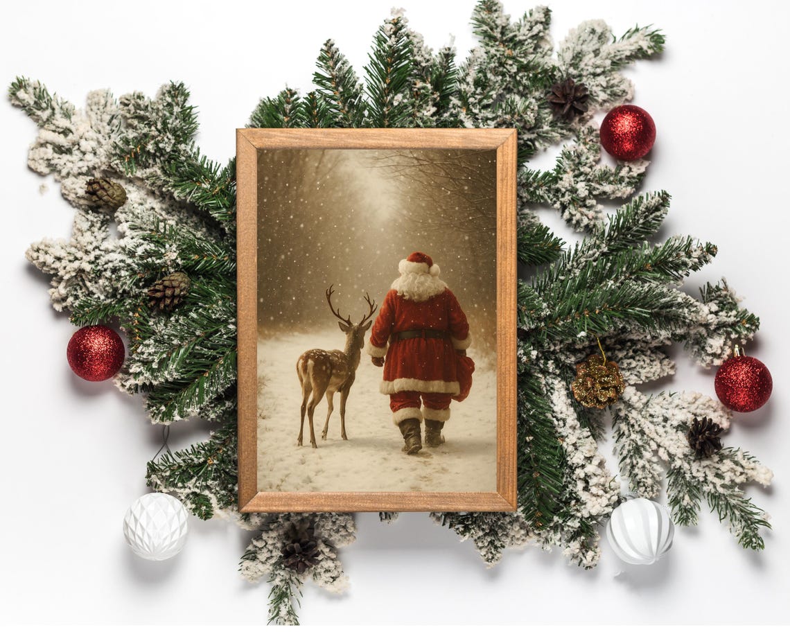 Vintage Santa Claus Walking With Deer Snowy Forest Christmas Poster