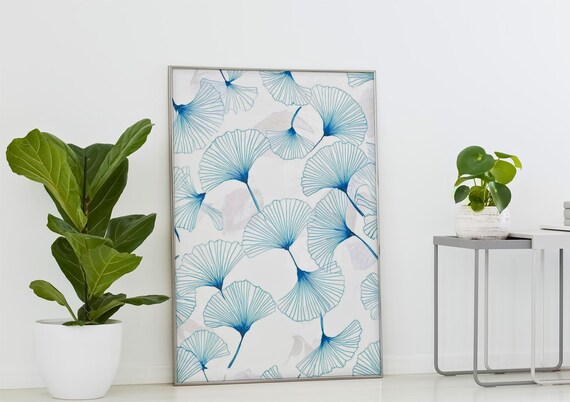 Blue Ginkgo Leaf Art Print Botanical Wall Decor