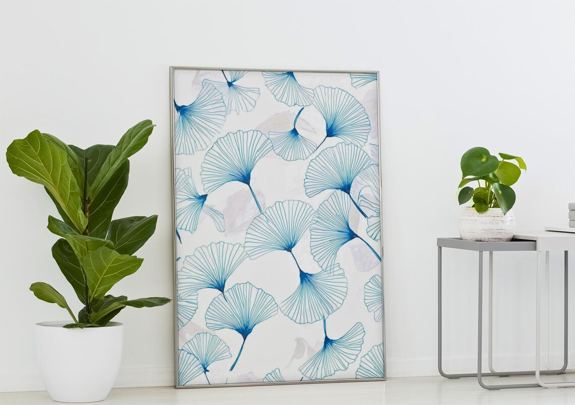 Blue Ginkgo Leaf Art Print Botanical Wall Decor