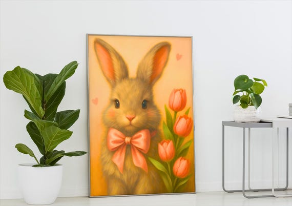 Bunny With Tulips Print Boho Nursery Wall Art