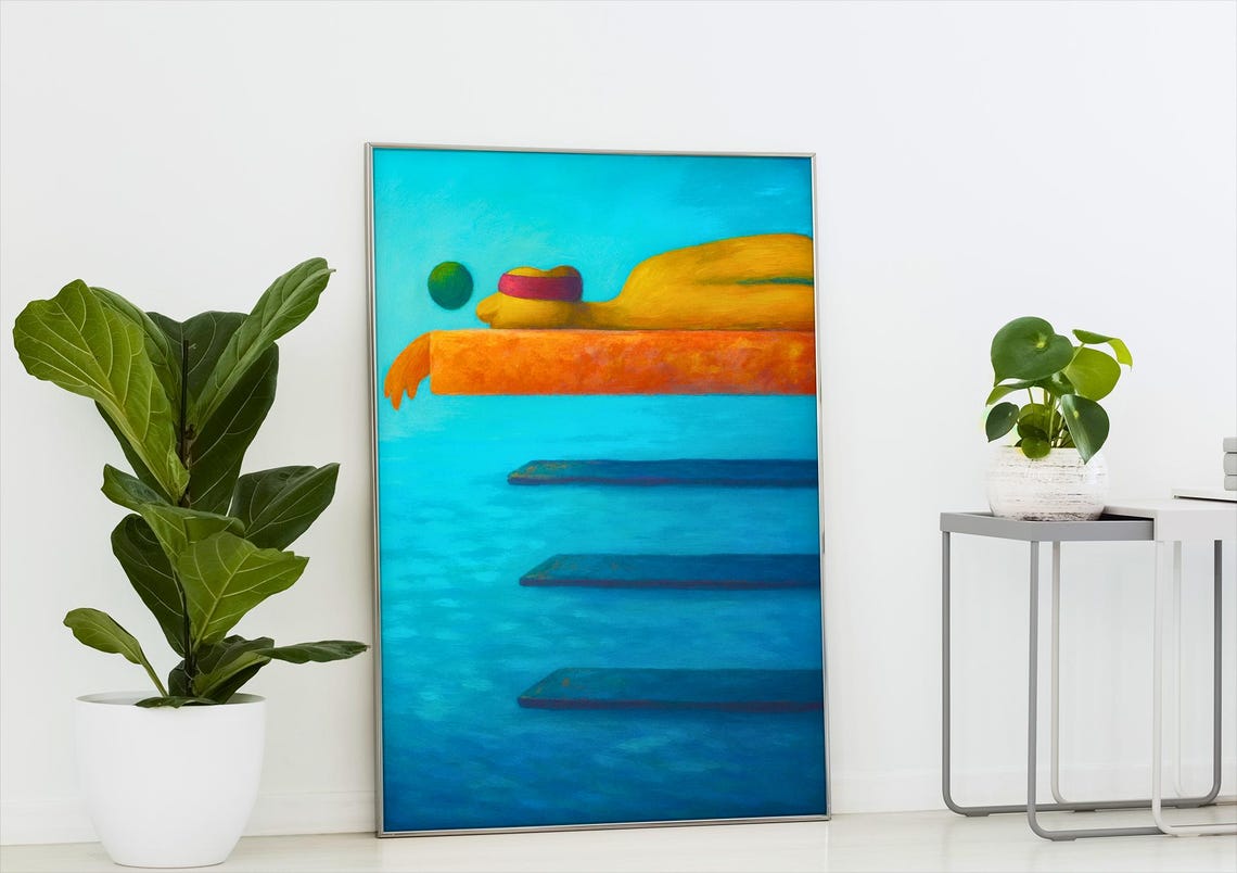 Abstract Surreal Floating Figure Painting Bold Blue Orange Art Poster