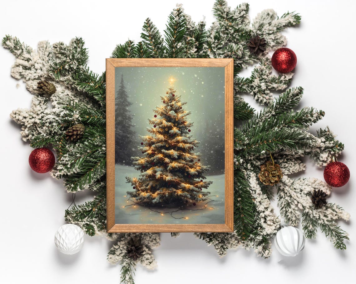 Snowy Christmas Tree Twinkling Lights Star Vintage Holiday Poster
