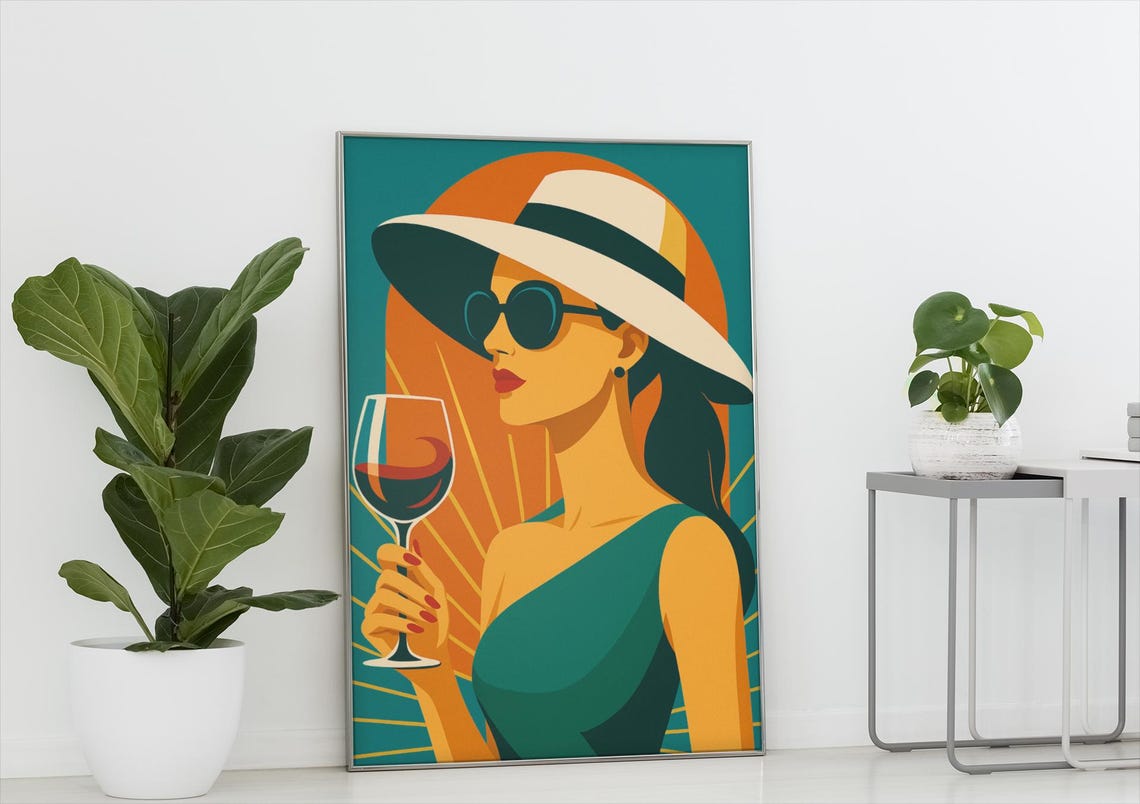 Art Deco Wine Woman Cocktail Glam Teal Orange Elegant Poster
