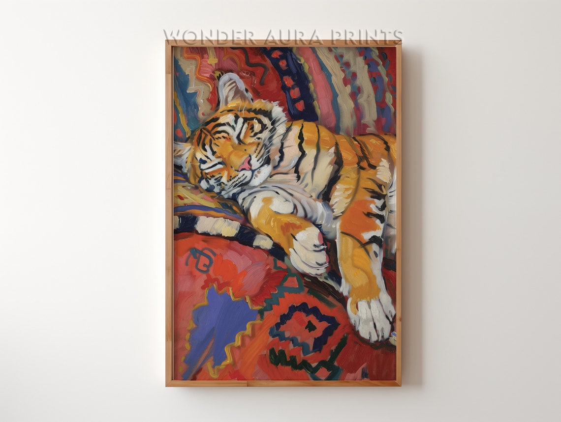 Sleeping Tiger Cub on Colorful Sofa Maximalist Wildlife Art Poster