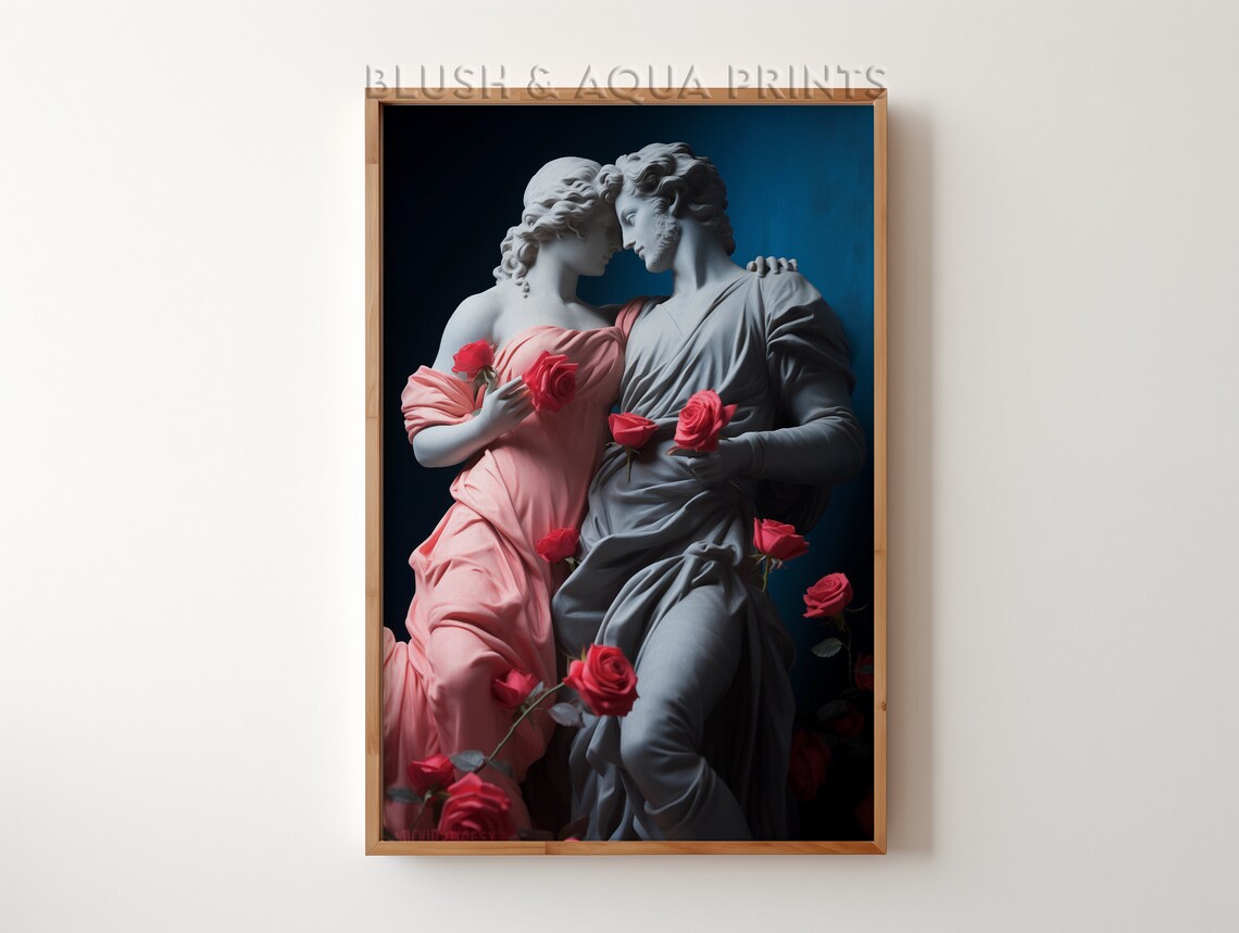 Romantic Statue Couple Embrace with Red Roses Classical Art Poster