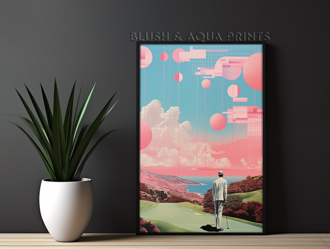 Surreal Dreamy Golfer Ocean Overlook Pink Sky Collage Poster