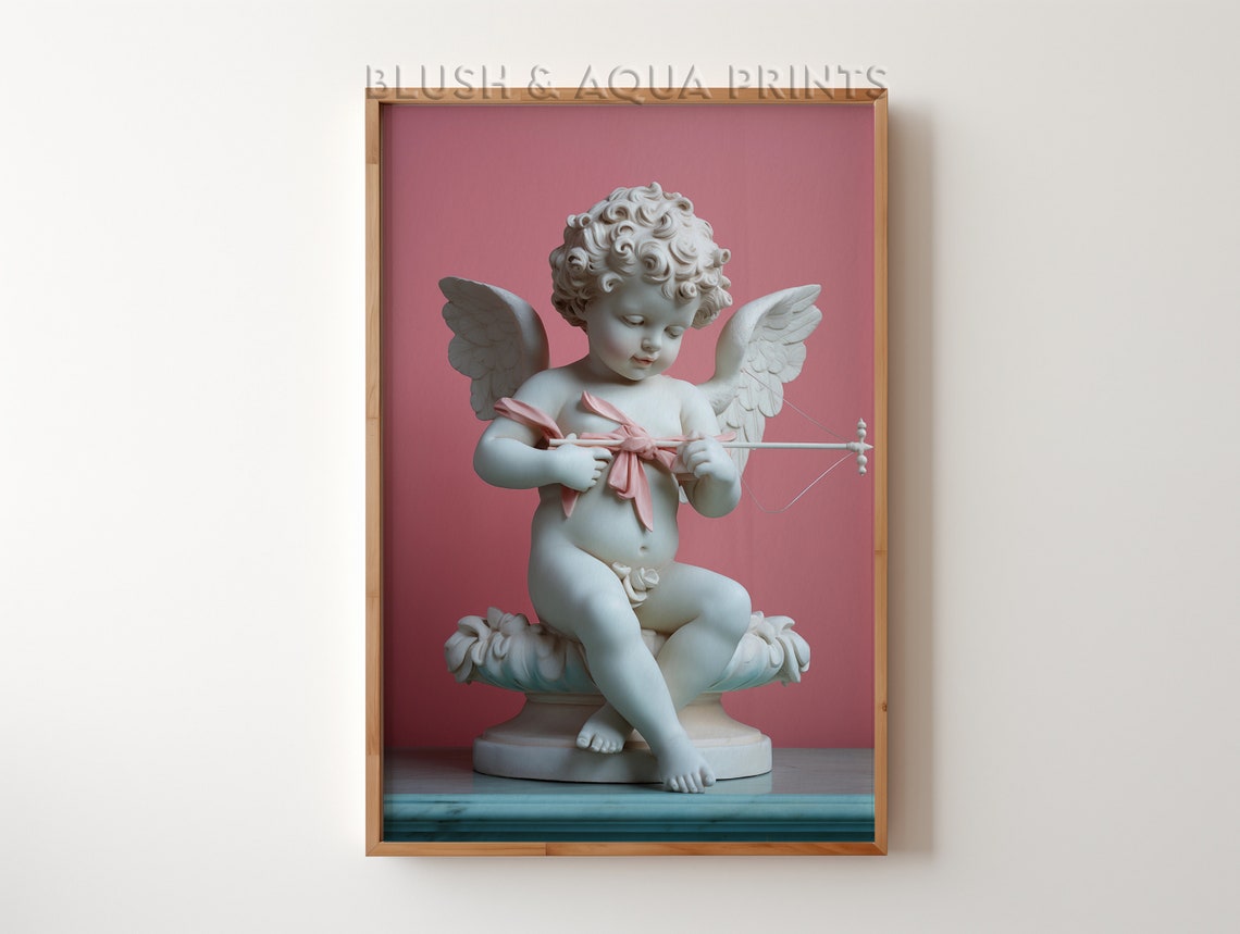 Cherub Cupid Marble Statue On Pink Background Classical Art Print