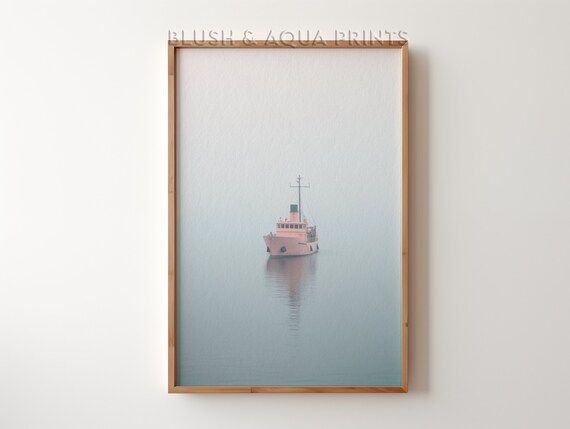 Pink Ship Floating in Misty Blue Water Minimalist Nautical Art Print