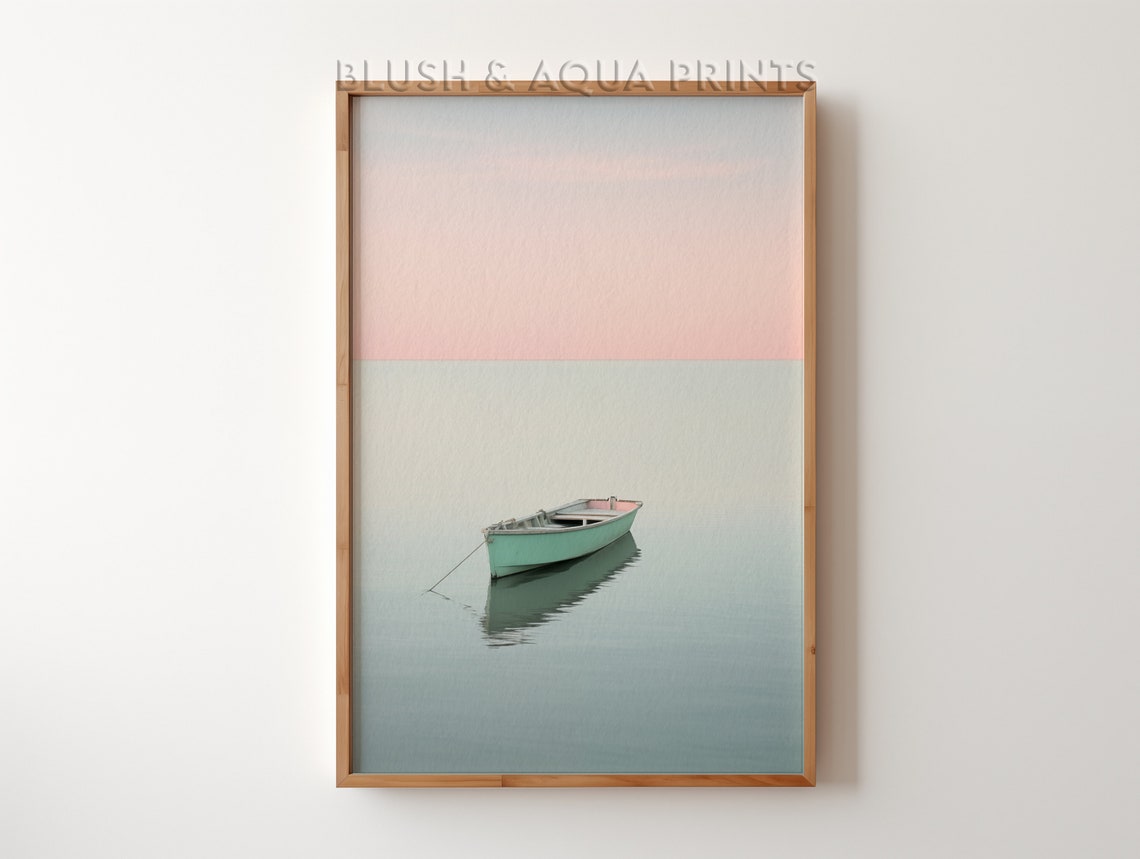 Minimalist Green Rowboat on Calm Water Pastel Coastal Art Print