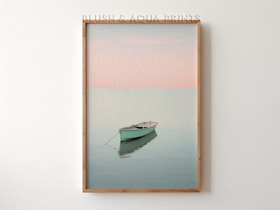Minimalist Green Rowboat on Calm Water Pastel Coastal Art Print