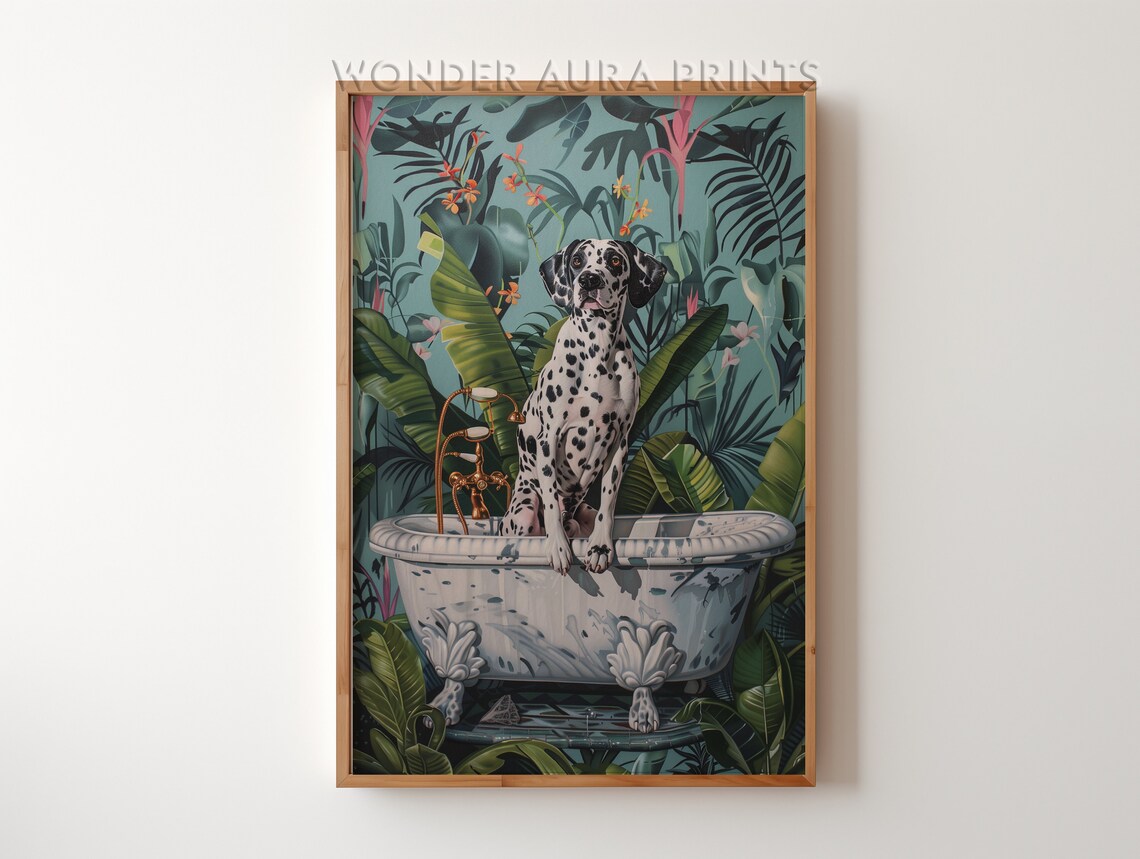 Dalmatian Dog In Vintage Bathtub Tropical Jungle Leaves Art Poster