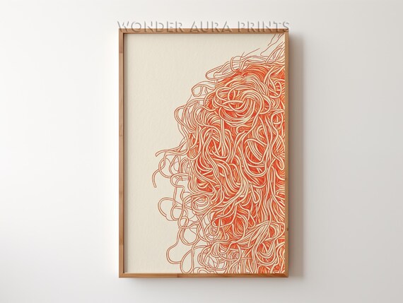 Hand Drawn Spaghetti Noodles Red Line Art Minimal Kitchen Poster