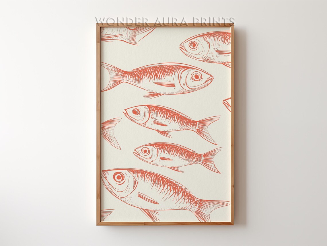 Terracotta Sardine Fish Line Drawing Coastal Seafood Kitchen Print