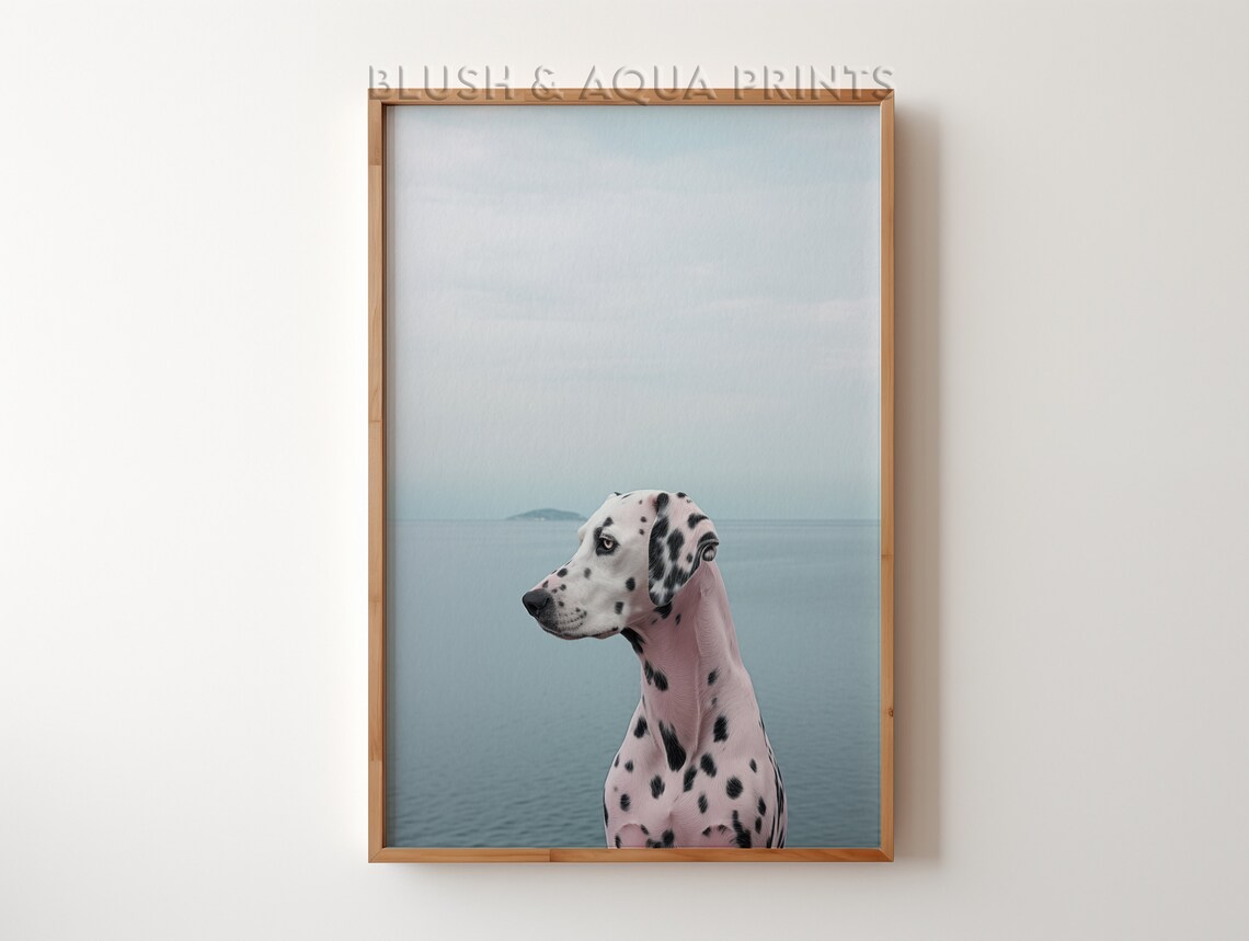 Dalmatian Dog Portrait Against Misty Ocean Water Minimalist Poster