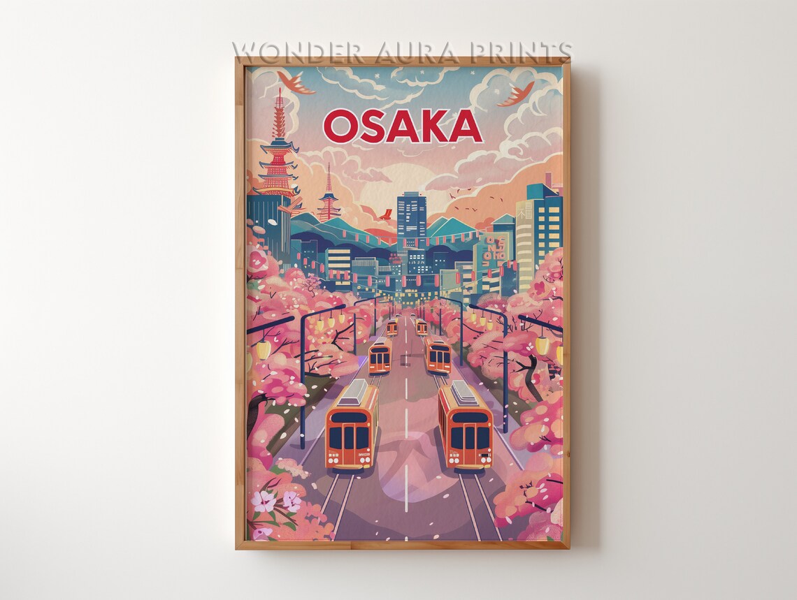 Osaka Japan Cherry Blossom Street Colorful City Travel Poster